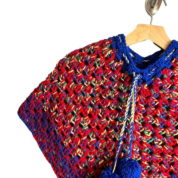 Handmade Vintage Poncho Kids Poncho Cape Drawstring Pom Pom Heavyweight Shawl - Picture 8 of 11